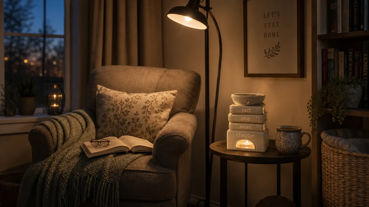 a styled reading nook with armchair, floor lamp, open book, and glowing…