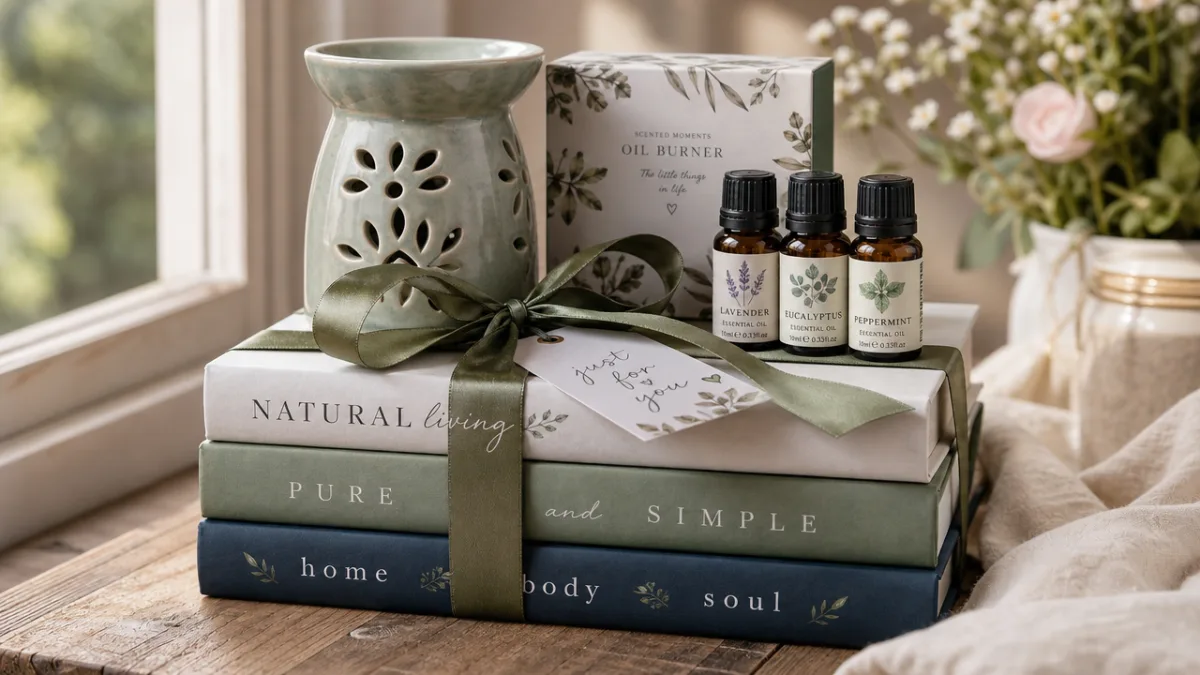 a beautifully wrapped book stack oil burner gift set with essential oils…
