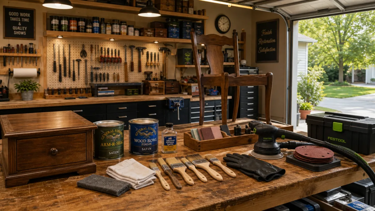 a well-organized garage workshop with refinishing tools laid out on a wooden…