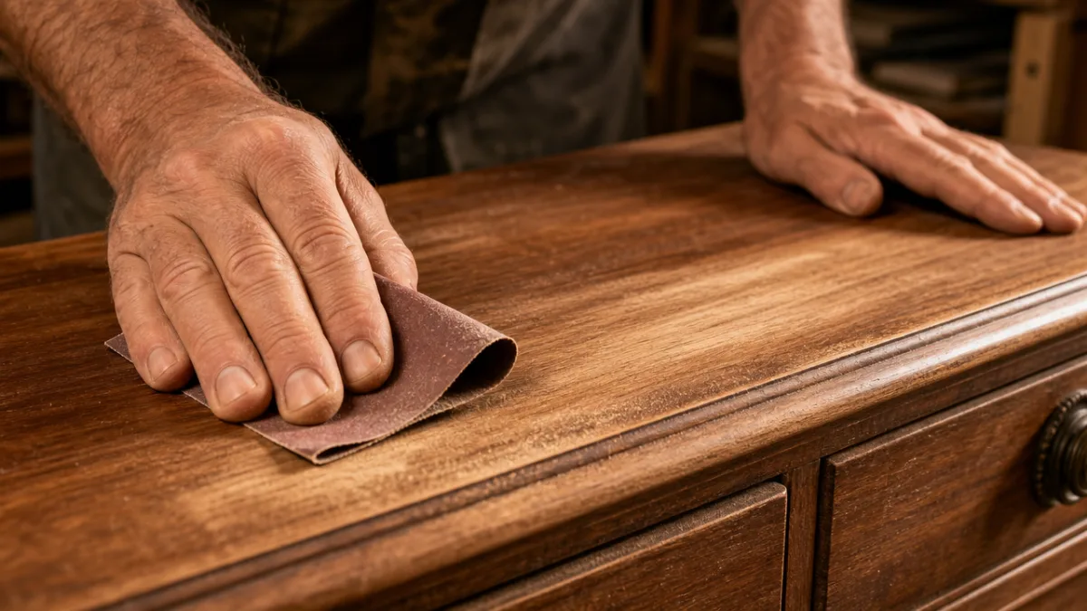 close-up of hands sanding a wooden dresser surface with sandpaper, warm workshop…