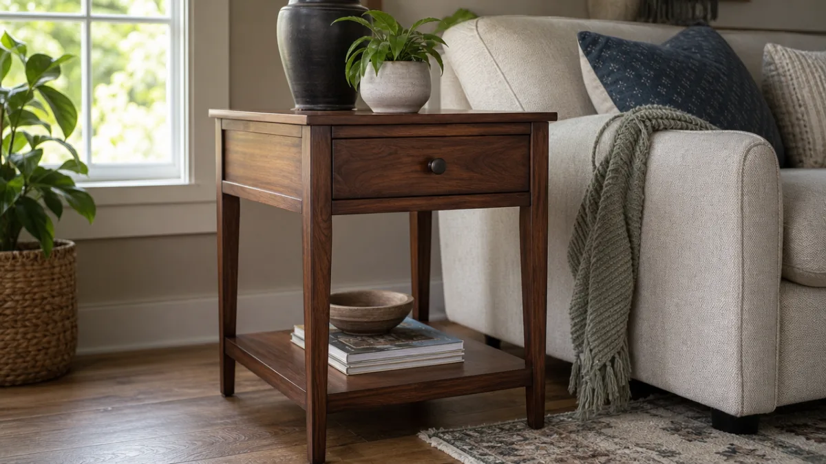 a beautifully refinished wooden side table with a rich walnut stain, photographed…