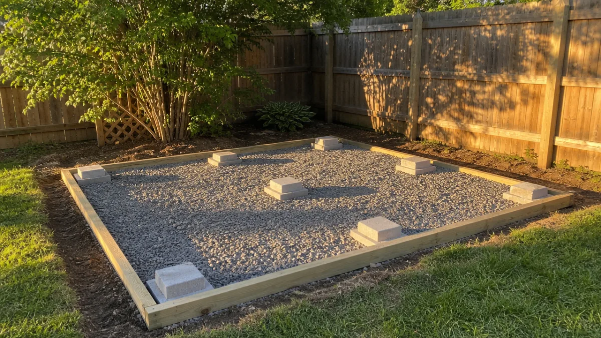a cleared backyard shed foundation with gravel base and concrete blocks, warm…