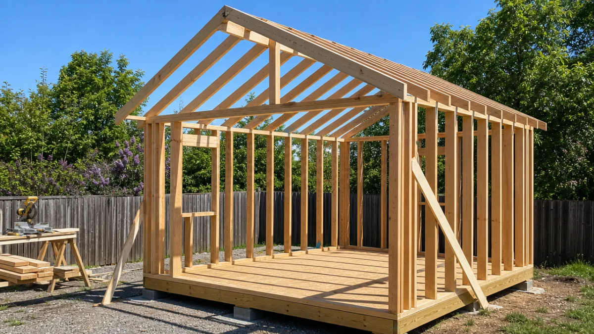 a partially framed wooden shed with wall studs and roof rafters visible,…