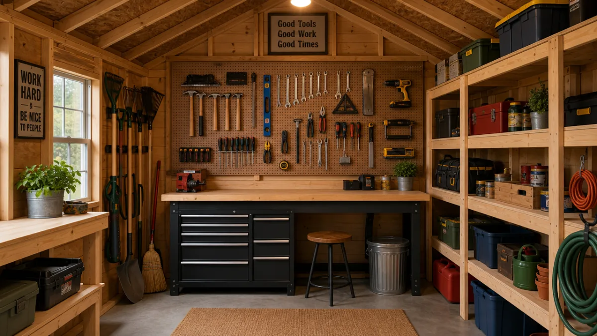 a neatly organized shed interior with pegboard tool storage and wooden shelving,…