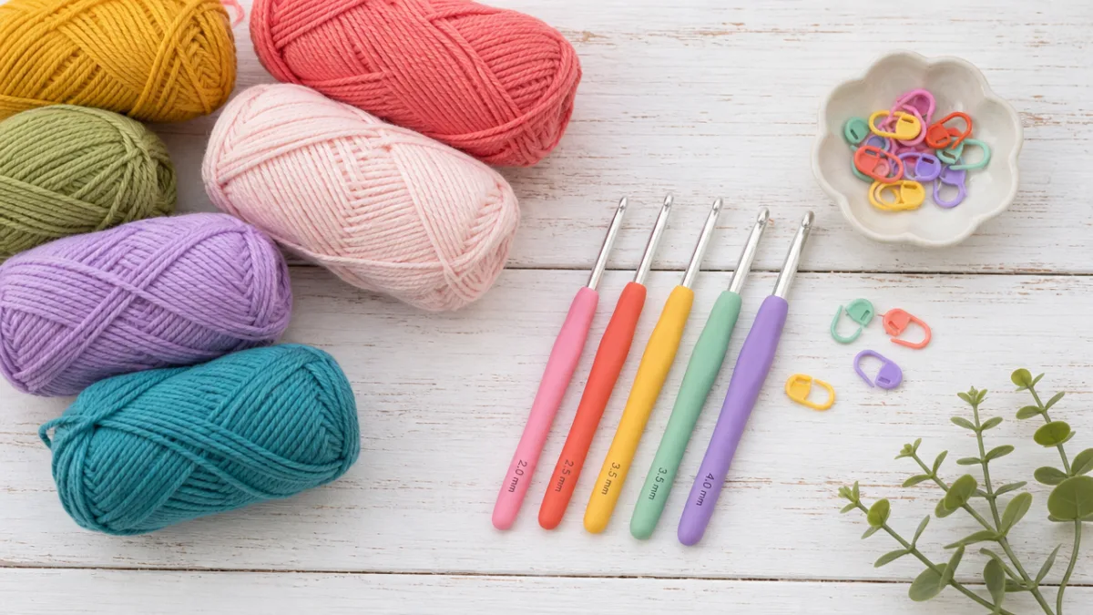 a flat lay of colorful cotton yarn skeins, crochet hooks, and stitch…
