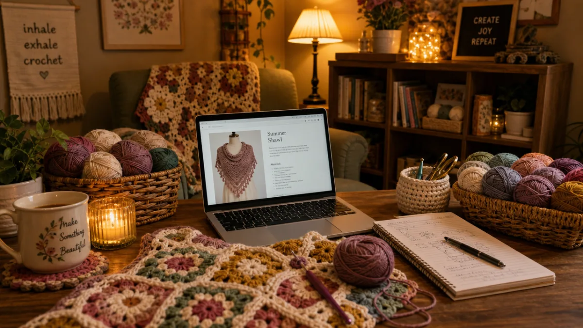 a cozy craft room with crochet projects, yarn baskets, and a laptop…