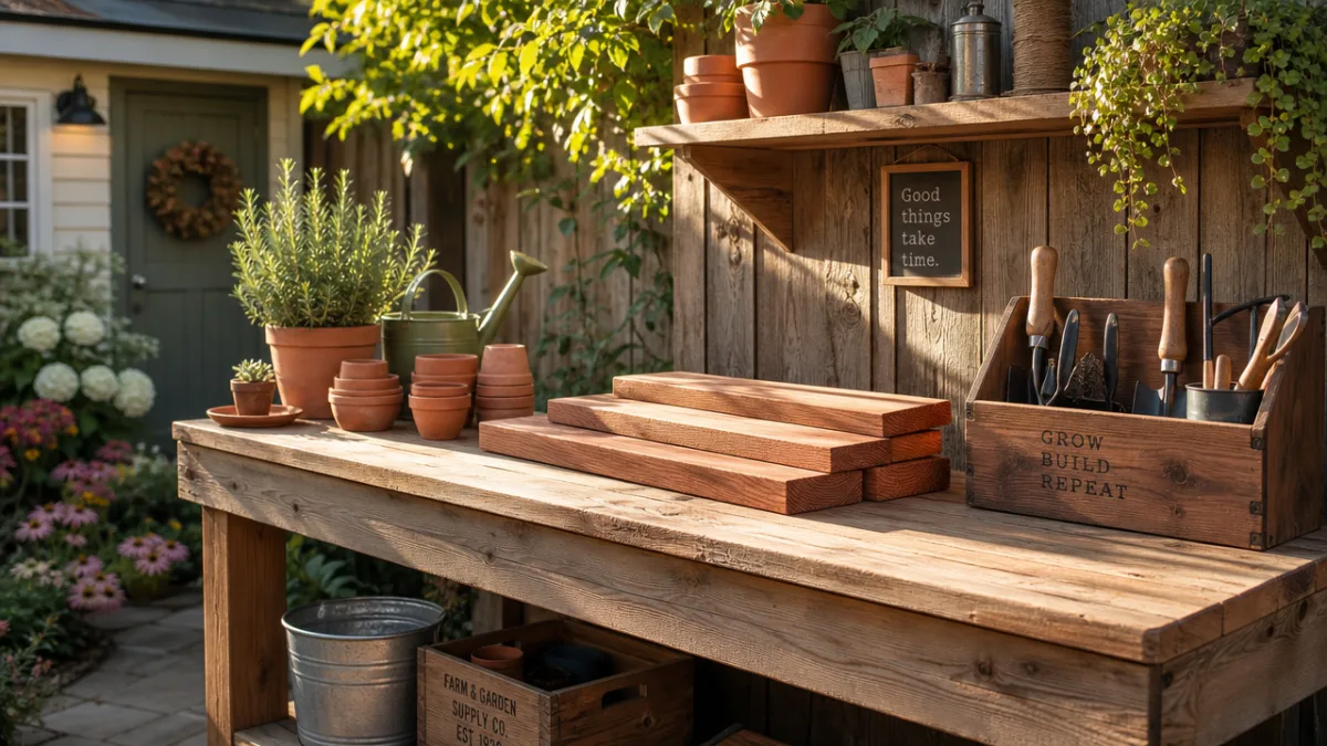 a sunlit backyard workbench with terracotta pots, cedar planks, and garden tools…