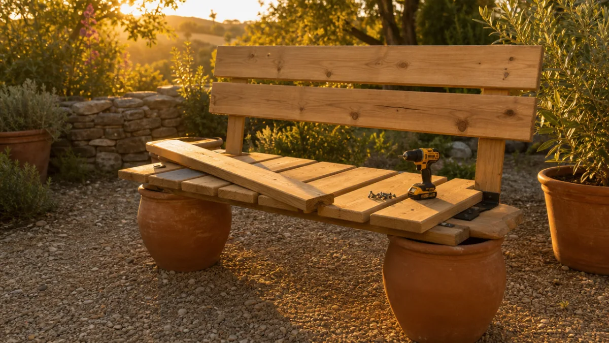 a partially assembled garden bench with wooden planks resting on large terracotta…