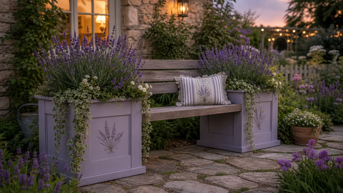 a finished flower pot bench with lush lavender and trailing vines in…