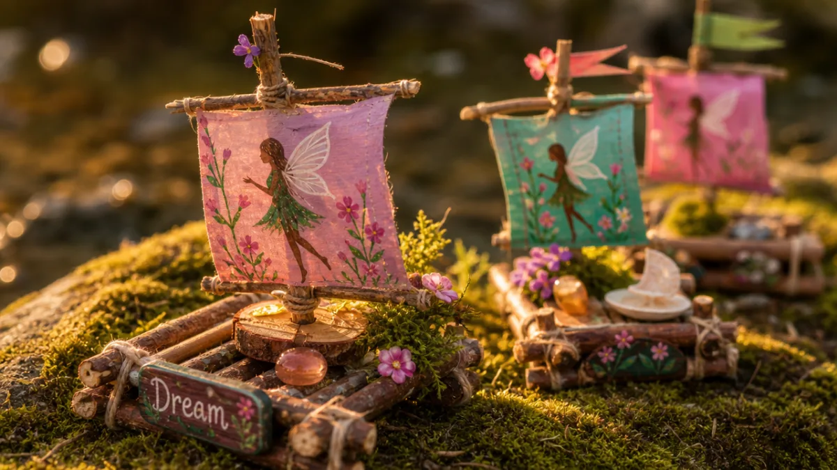 a close-up of small painted twig rafts with colorful fairy-themed decorations on…