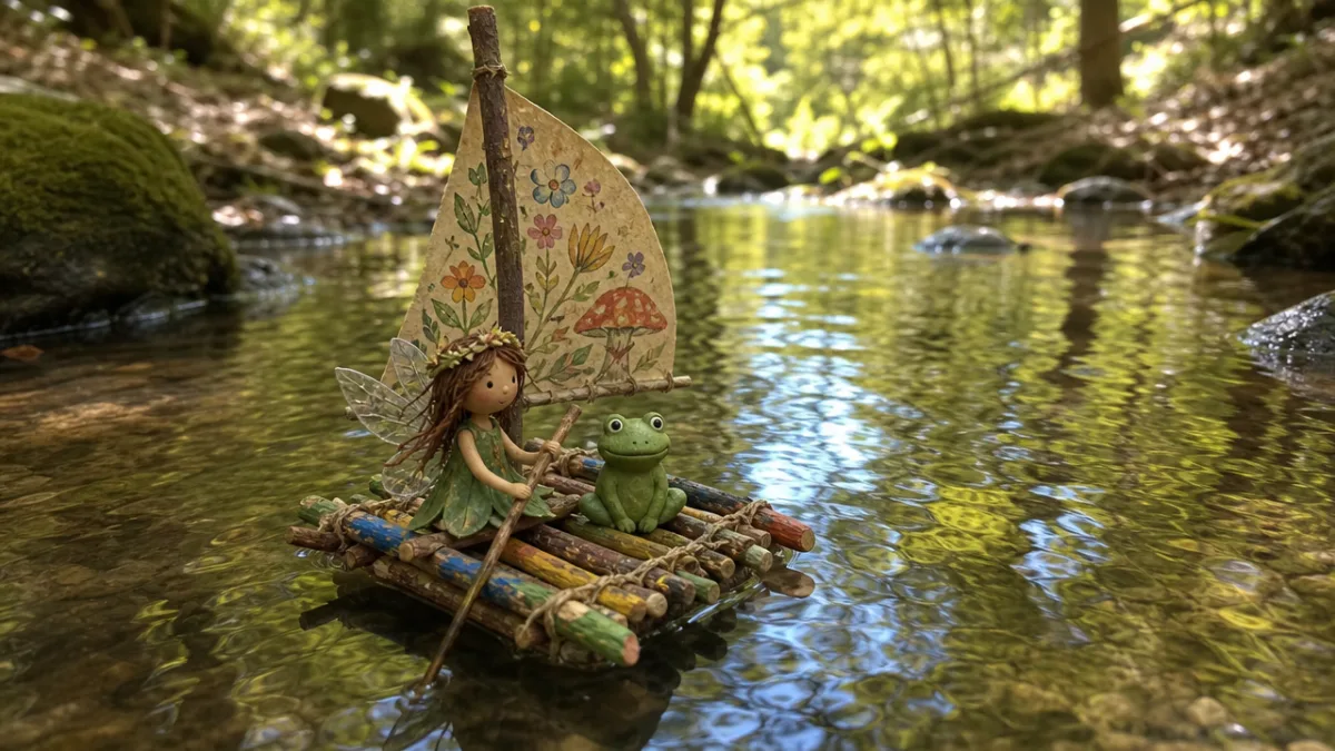 a painted twig fairy raft with a tiny clay frog passenger floating…