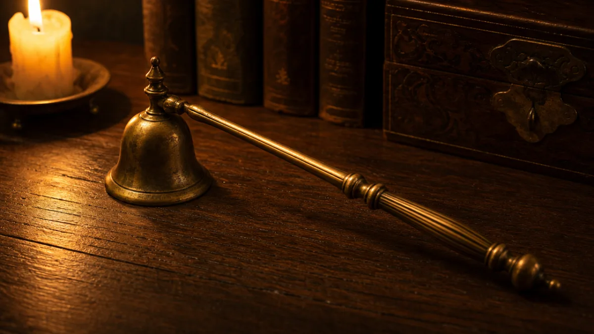 a vintage brass candle snuffer resting on a dark oak surface, warm…