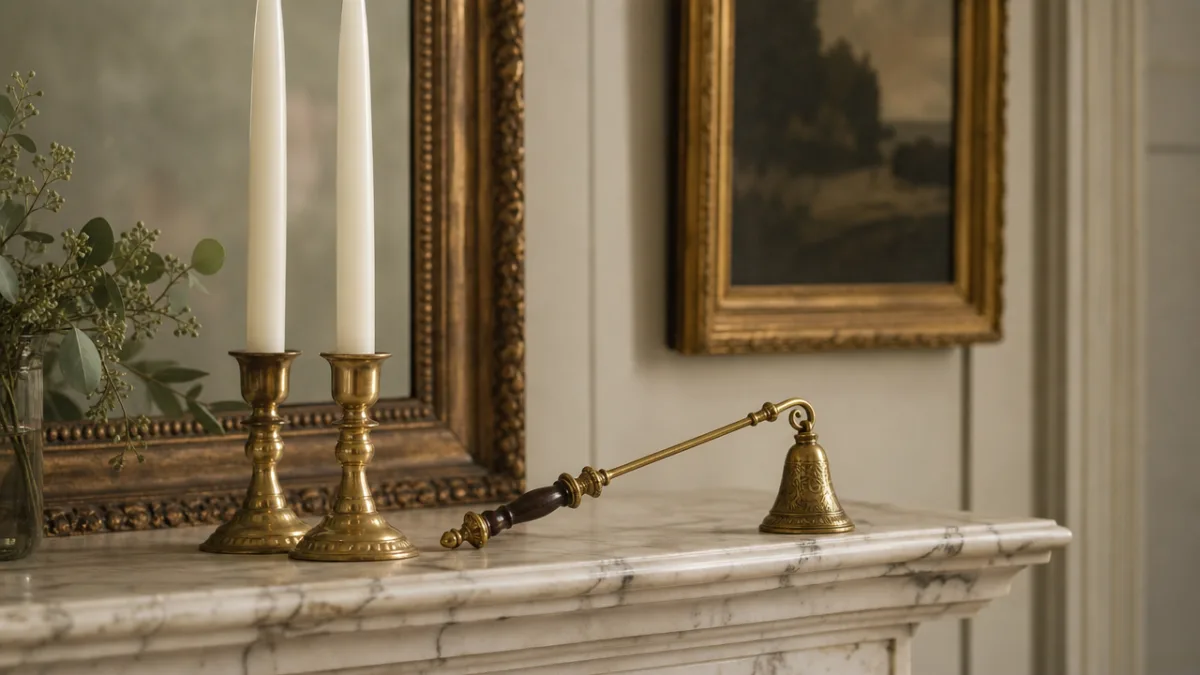 an elegant antique-style candle snuffer displayed beside tapered white candles on a…