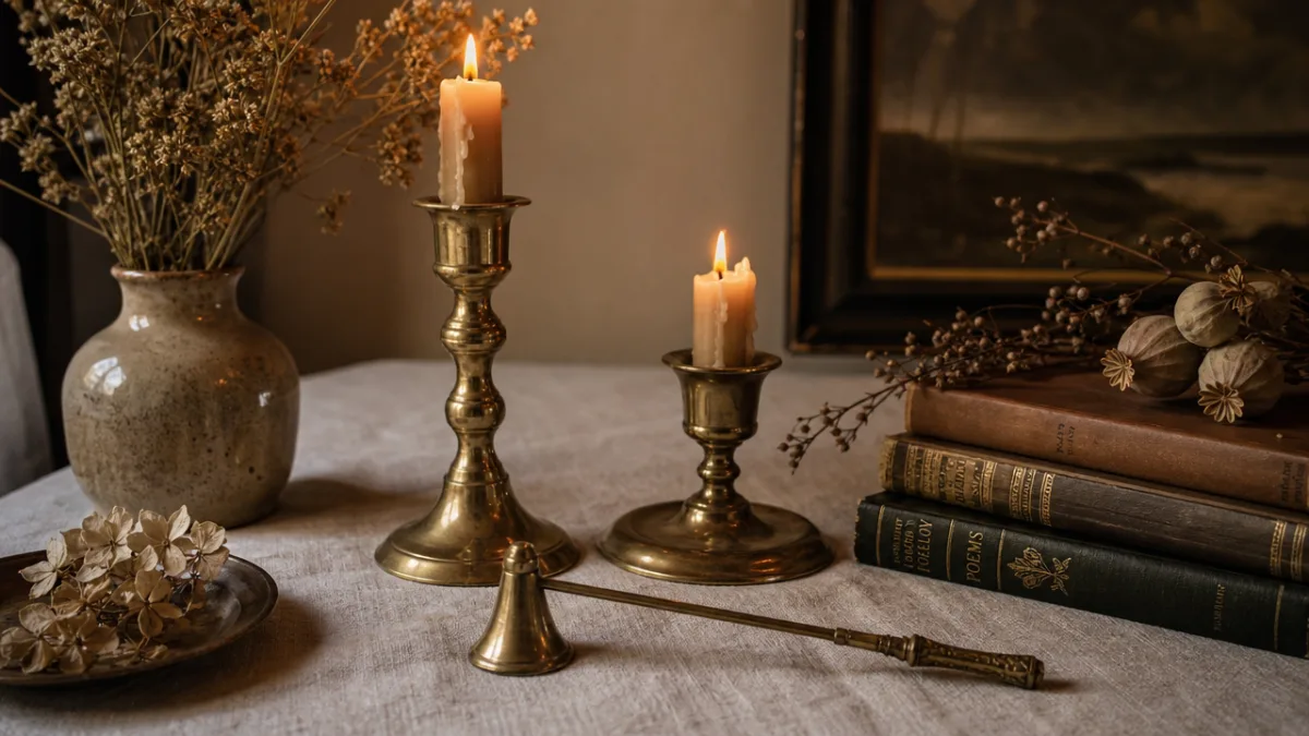 a styled candle vignette featuring a vintage snuffer, brass candlesticks, dried botanicals…