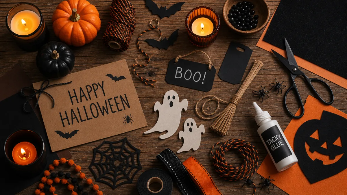 a flat lay of Halloween DIY supplies on a wooden table, warm…