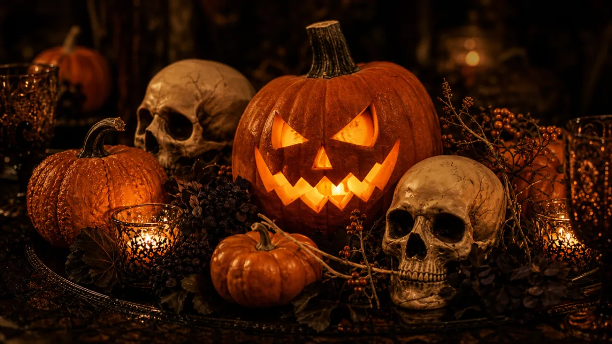a close-up of a Halloween table centerpiece glowing with candlelight, dark atmospheric…