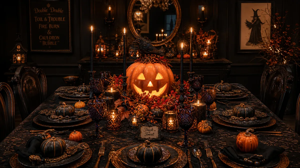 a festive Halloween dining table fully styled with a glowing centerpiece, dark…