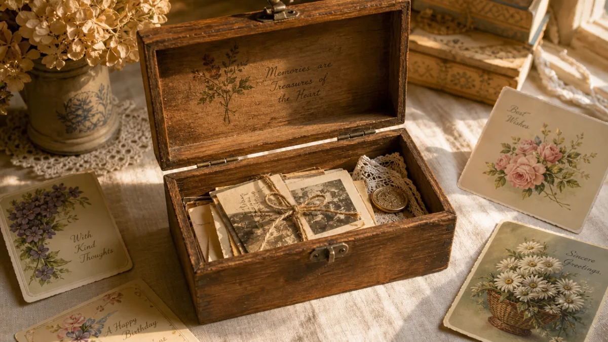 a rustic wooden keepsake box open on a linen tablecloth surrounded by…