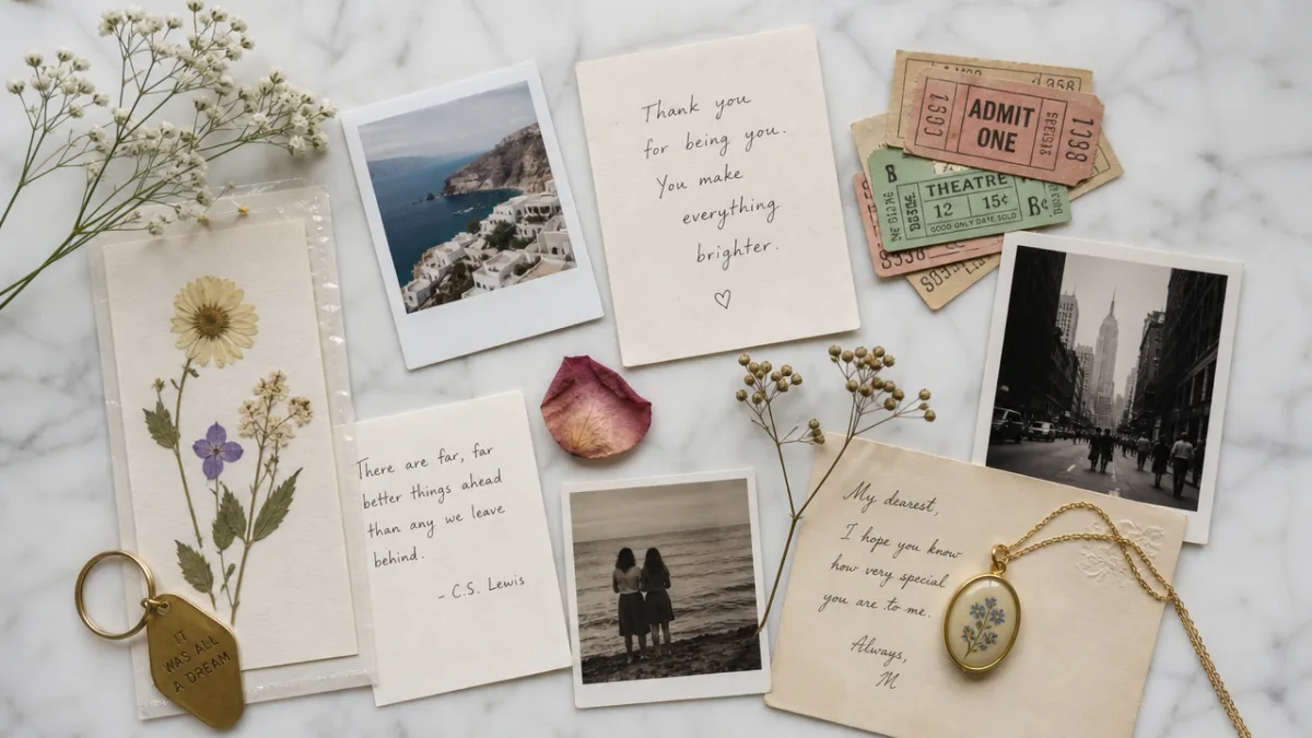 a flat lay of keepsake mementos including pressed flowers tickets photographs and…