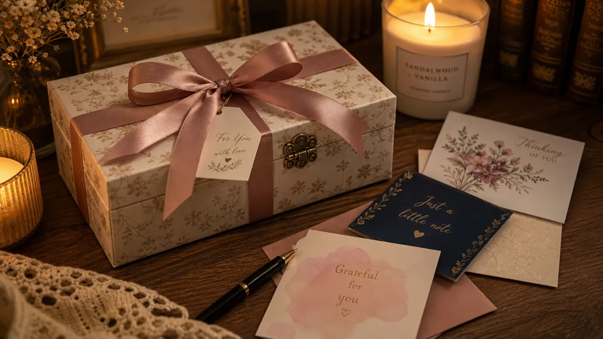 a beautifully wrapped keepsake box gift tied with ribbon beside assorted cards…
