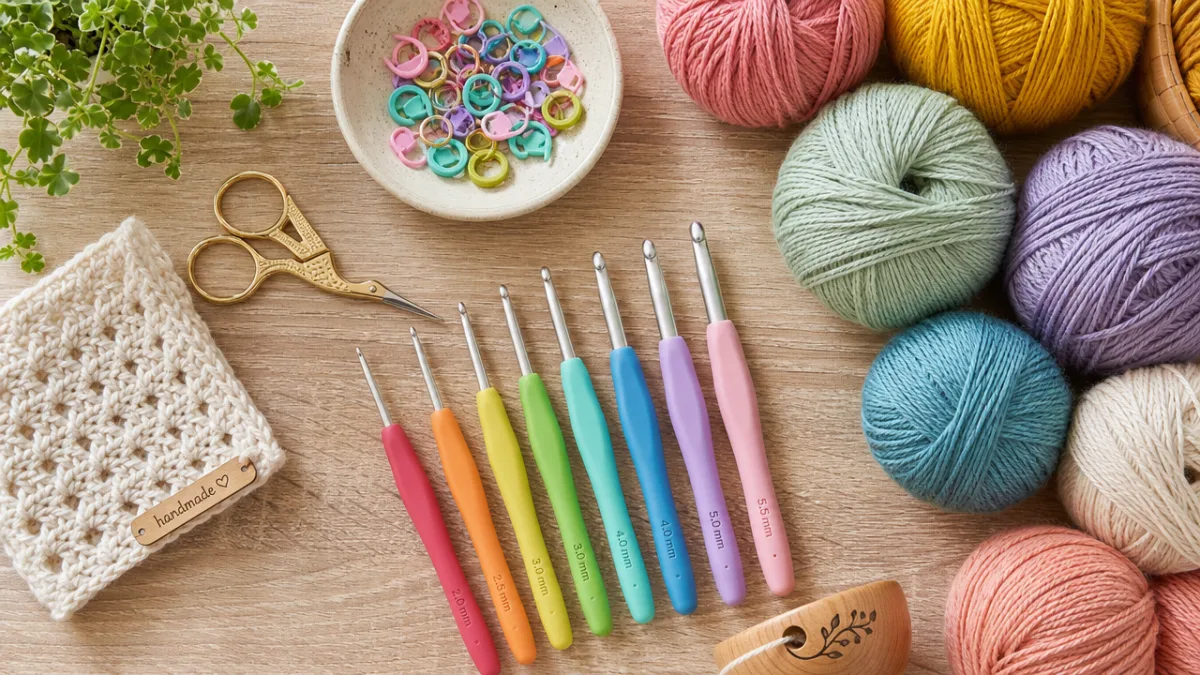 a flat lay of crochet tools including colorful hooks, yarn balls, and…