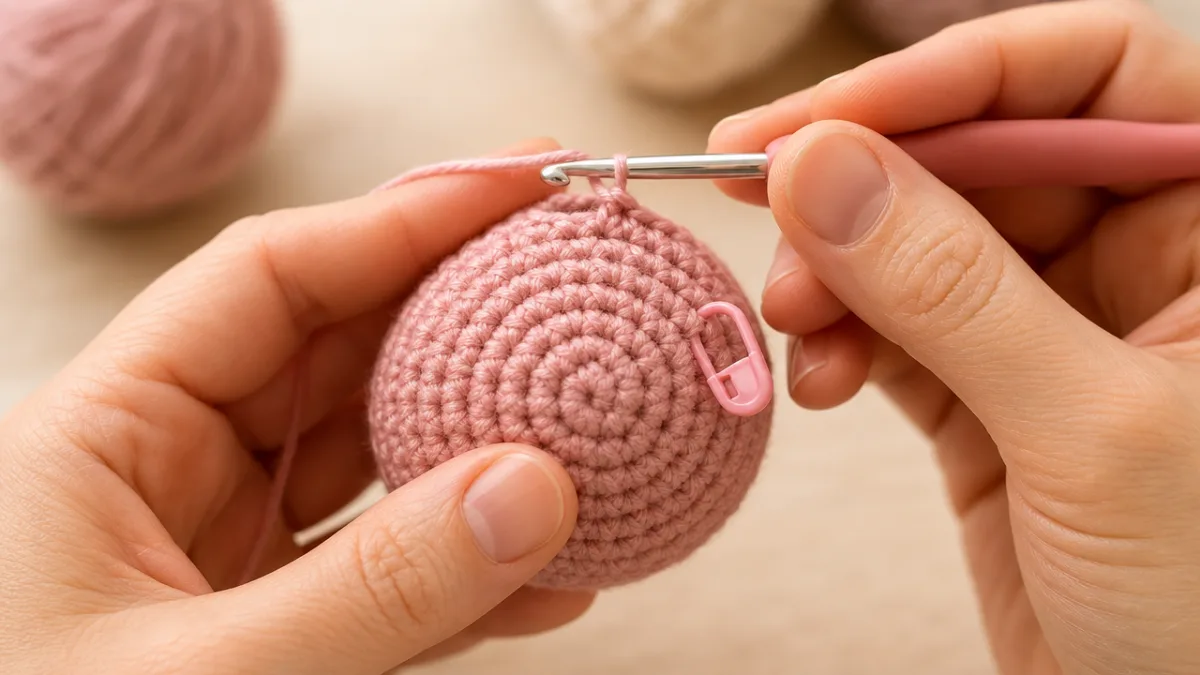 close-up of hands crocheting a spiral amigurumi ball with a stitch marker,…