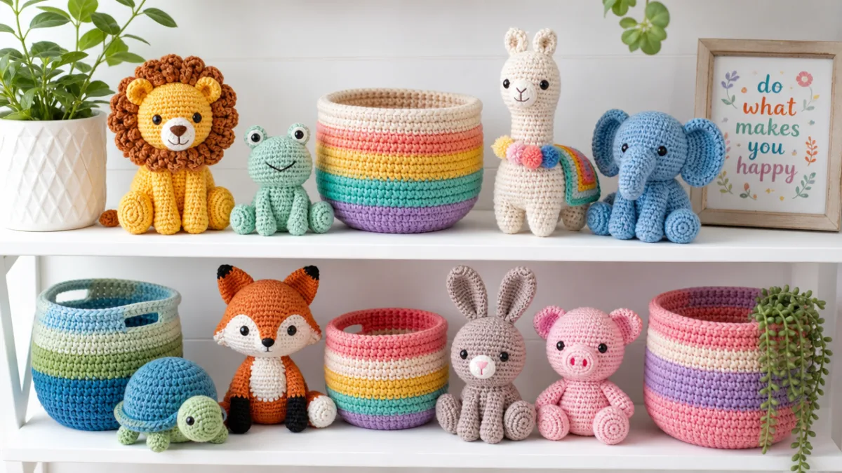 a colorful collection of finished crochet amigurumi animals and spiral baskets displayed…