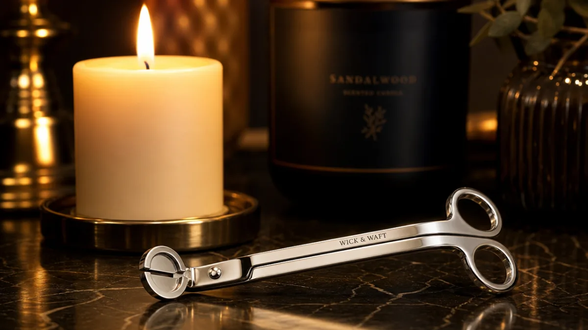 a polished stainless steel wick trimmer resting beside a lit pillar candle,…