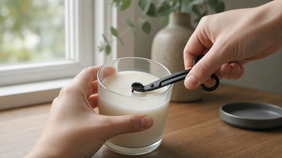 hands carefully trimming a candle wick inside a glass jar candle with…