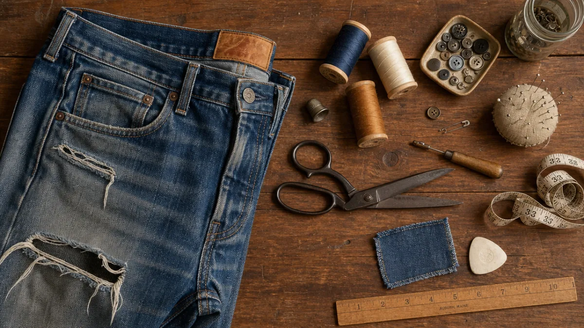 a flat lay of old denim jeans, scissors, thread spools, and sewing…