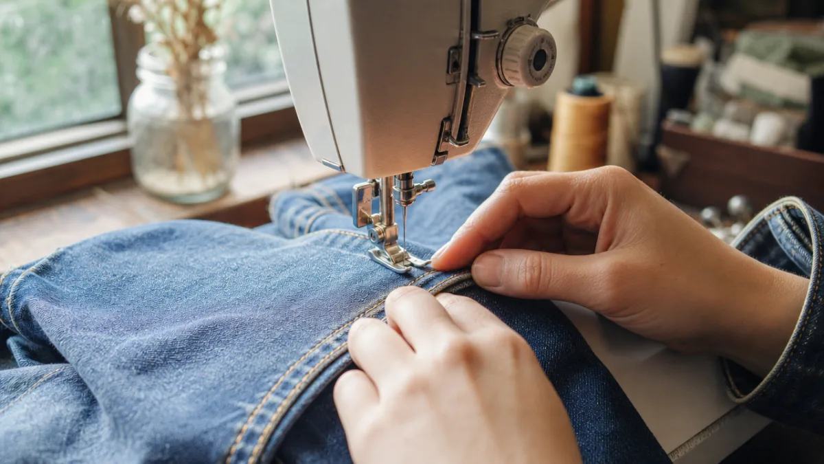 hands carefully sewing denim fabric on a sewing machine, close-up craft workshop…