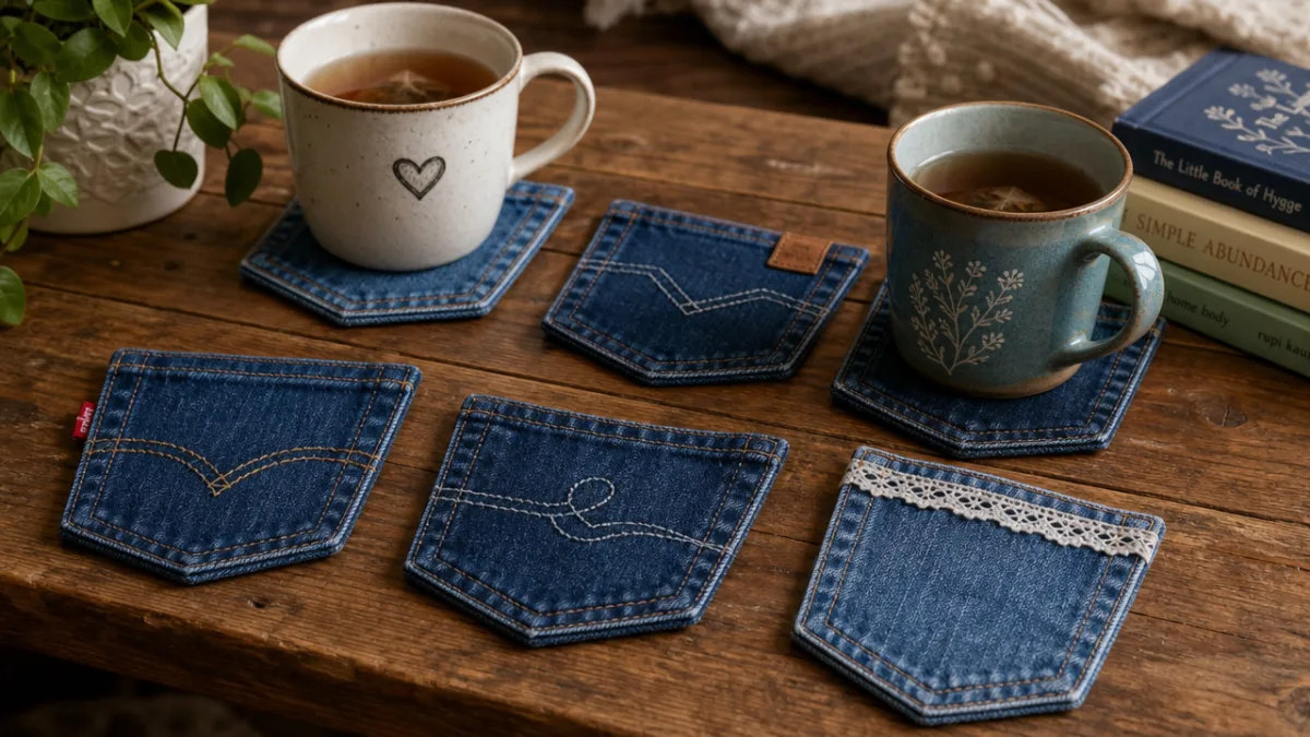 a set of finished denim pocket coasters arranged on a rustic wooden…
