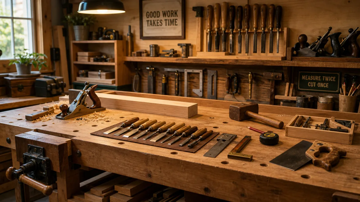 a neatly organized woodworking workbench with essential tools laid out, warm workshop…