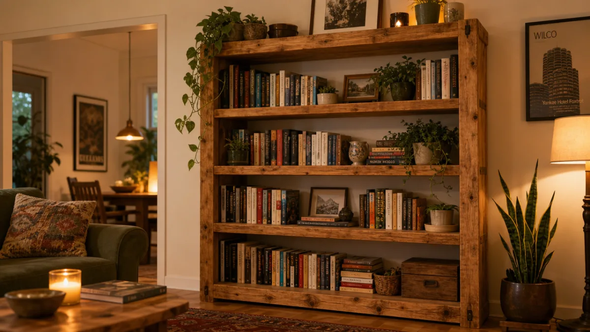 a handmade wooden bookshelf in a cozy living room filled with books…
