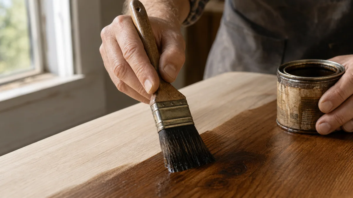 close-up of hands applying wood stain to a freshly sanded wooden surface,…