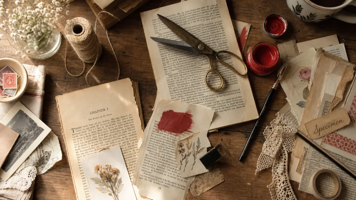 a flat lay of vintage book pages, scissors, red paint, and craft…