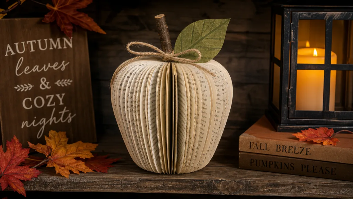 a finished book page apple craft displayed on a rustic wooden shelf…