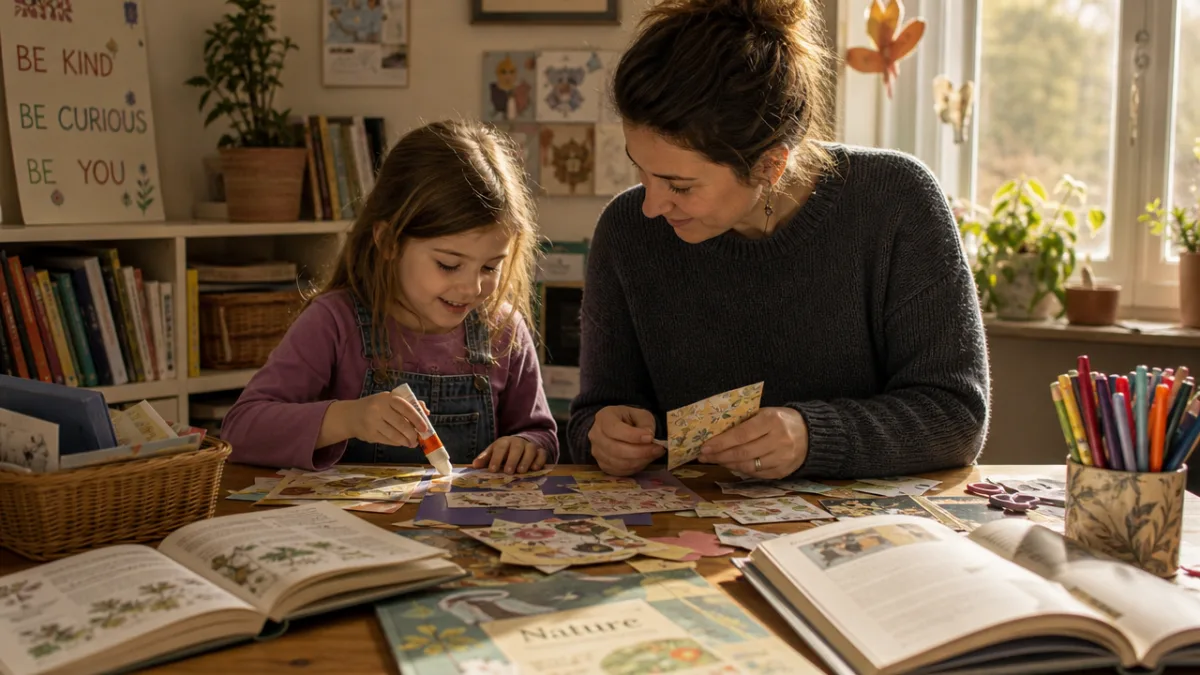 a child and adult crafting together at a table surrounded by open…