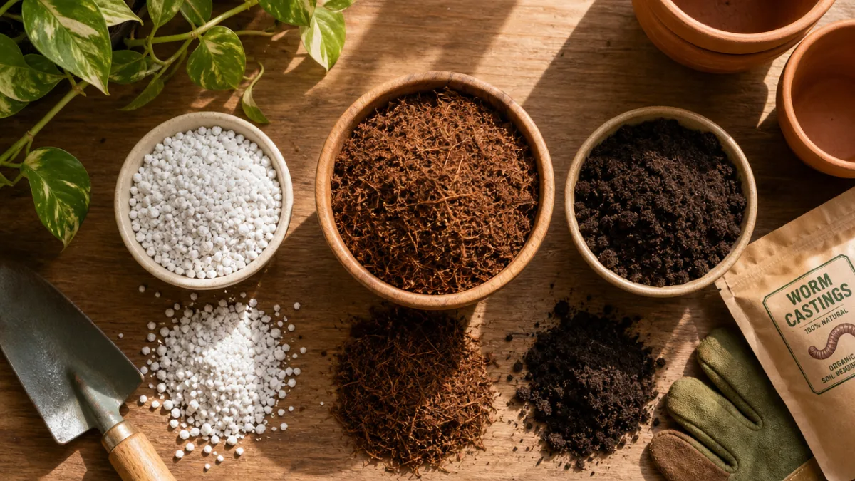 a flat lay of natural gardening ingredients including perlite, coir, and worm…