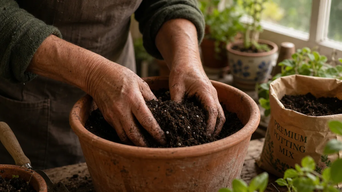 a pair of weathered hands mixing rich dark potting soil in a…