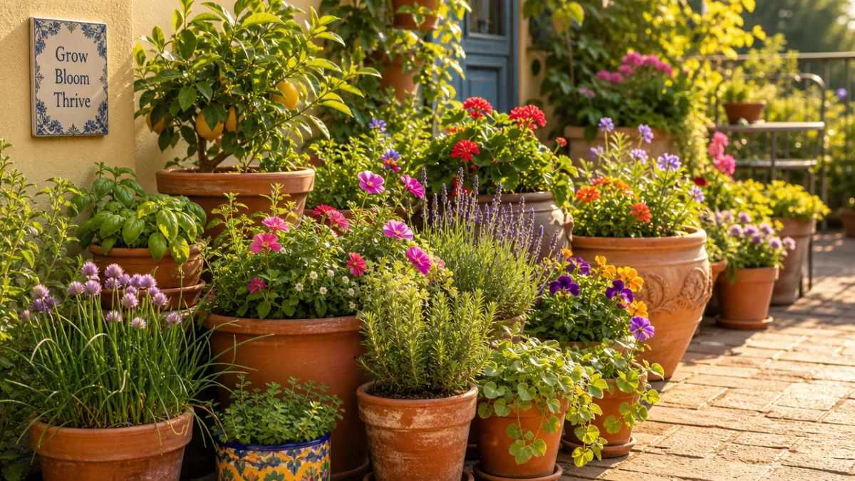 a vibrant container garden with lush green herbs and flowers in terracotta…