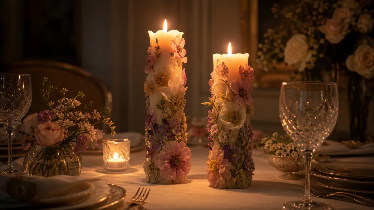 a pair of tall handmade flower candles glowing warmly on an elegant…