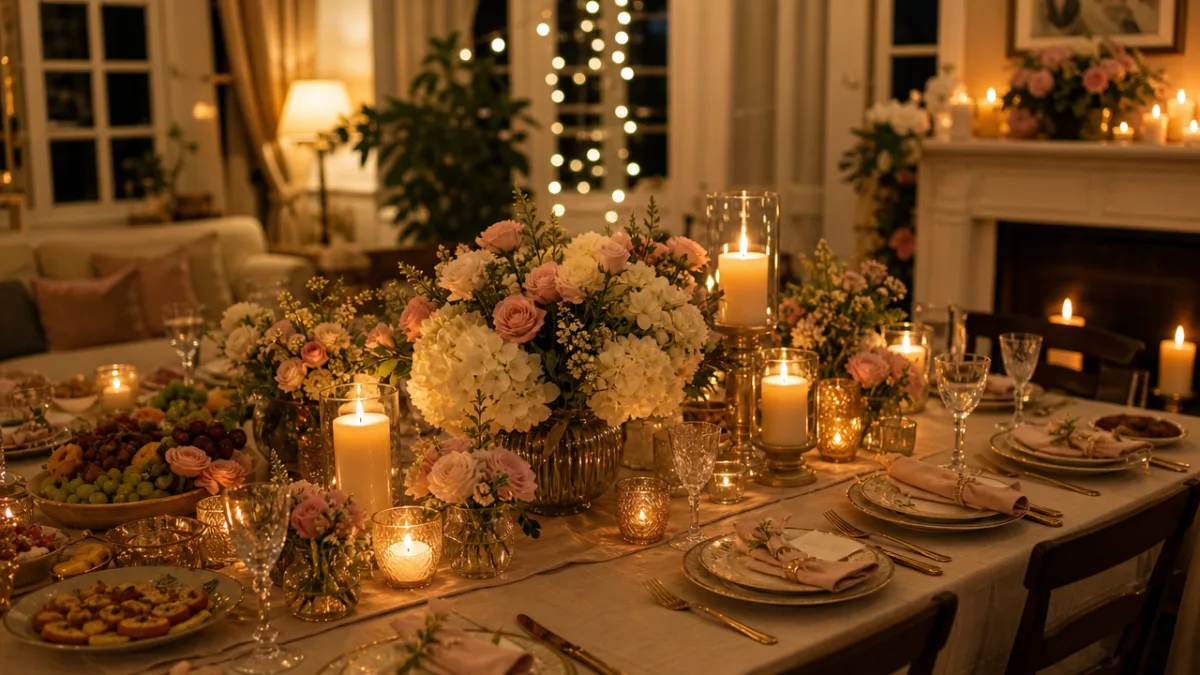 an elegant home gathering setup with flower candles as centerpieces, warm golden…
