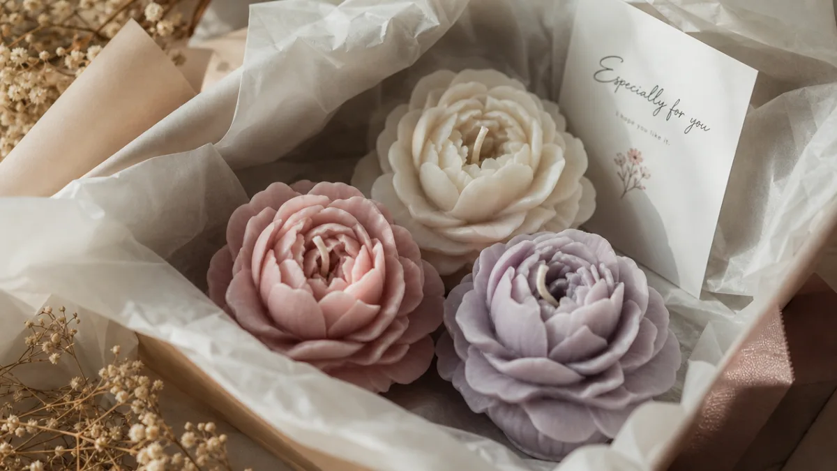 beautifully wrapped handmade flower candles as a gift, soft natural light, elegant…