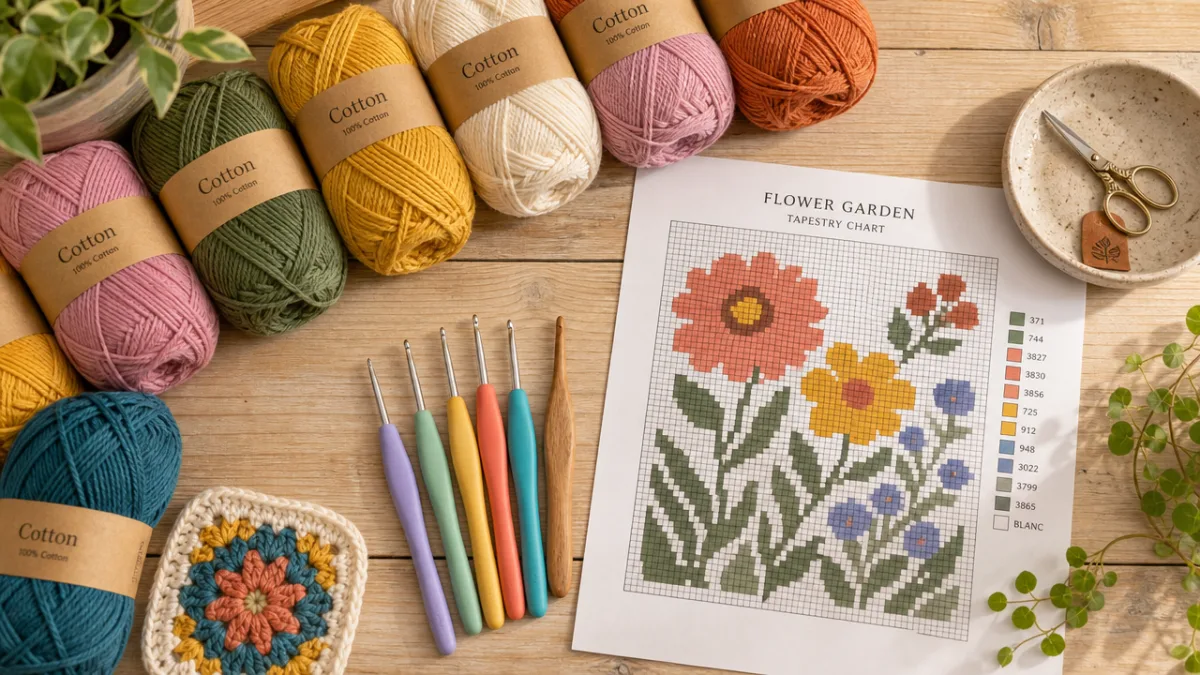 a flat lay of colorful cotton yarn skeins, crochet hooks, and a…