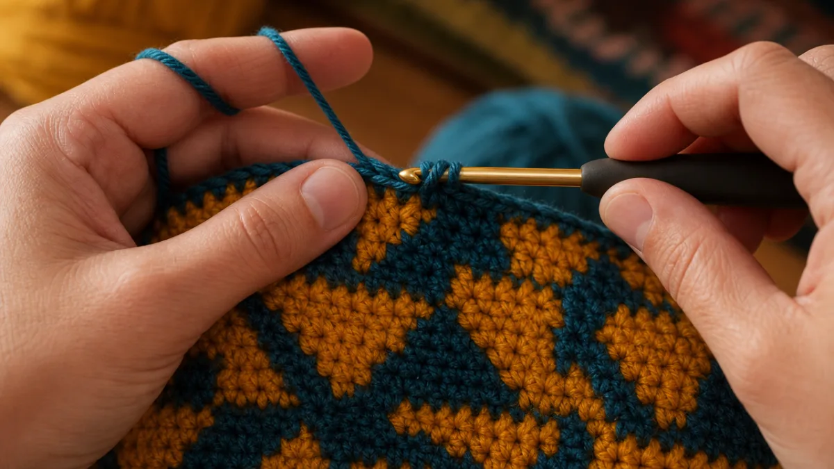close-up of hands crocheting a colorful geometric tapestry pattern with two yarn…