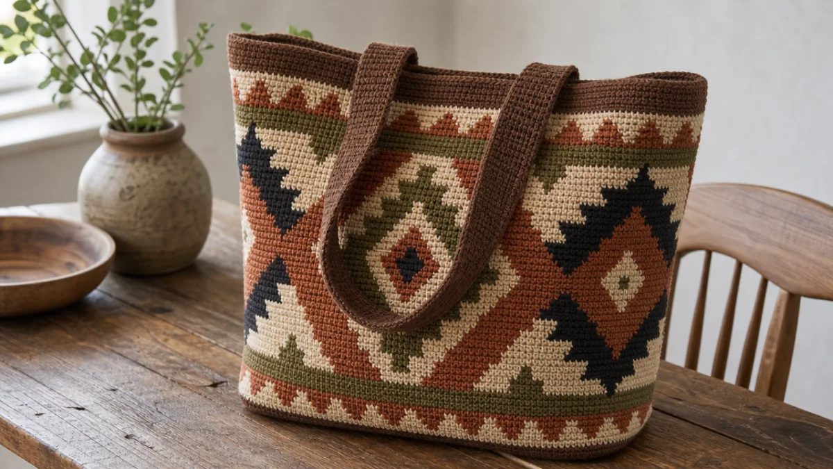 a finished tapestry crochet tote bag with bold geometric patterns in earthy…