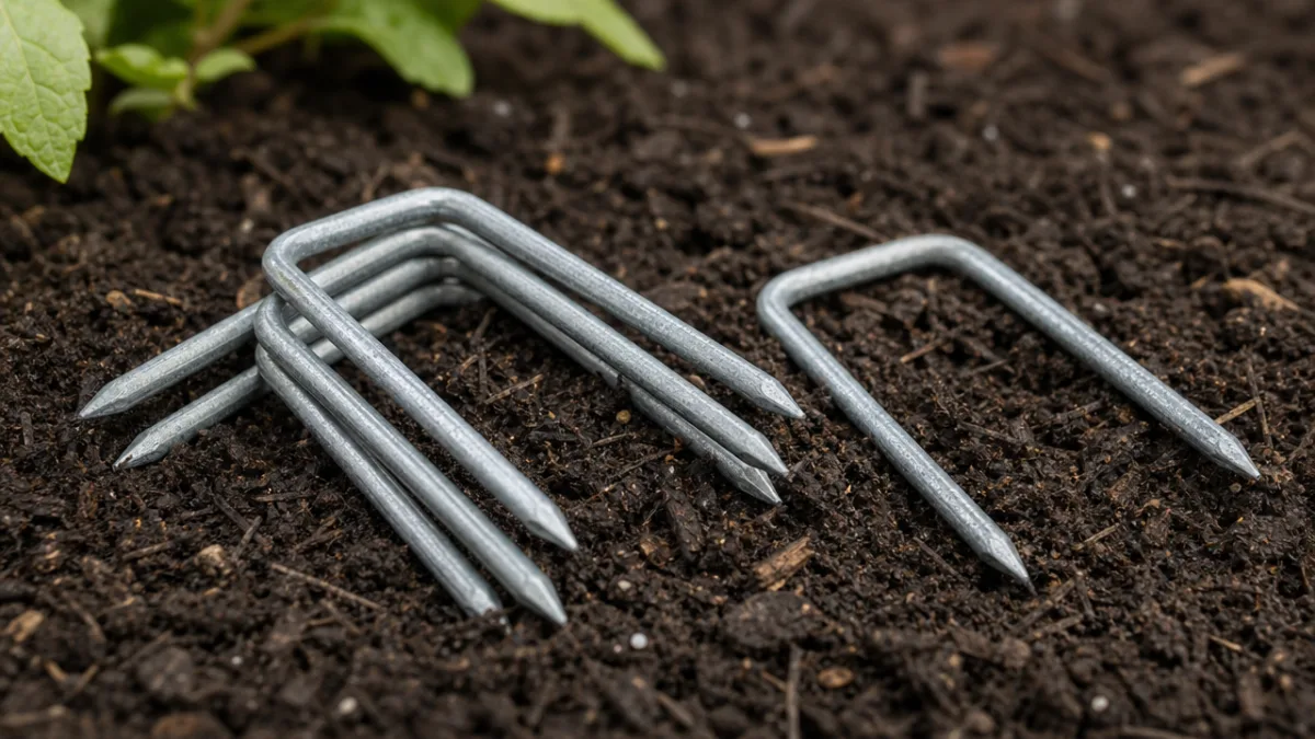 a close-up of galvanized garden border staples arranged on dark garden soil,…