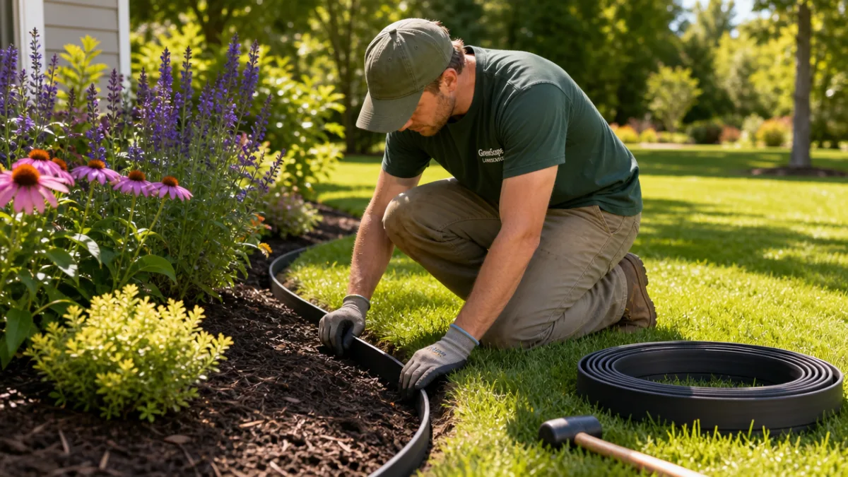 a landscaper installing flexible garden edging along a curved flower bed on…