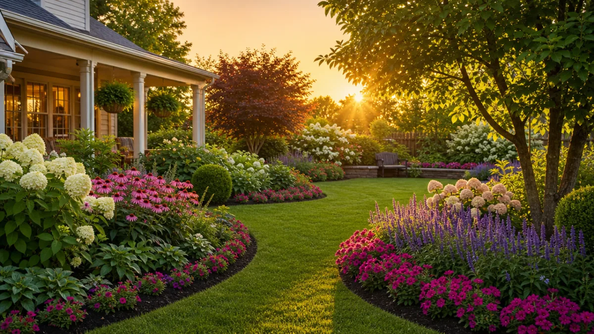 a beautifully edged residential garden with defined flower beds, lush green lawn…